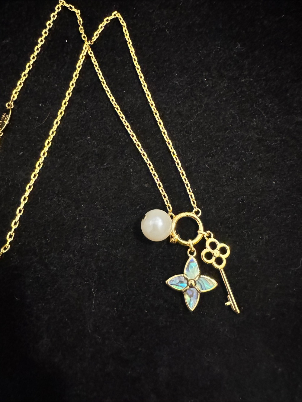 Louis Vuitton Damier Gold Key & Pearl Charm Necklace with Iridescent Flower - Picture 4 of 6